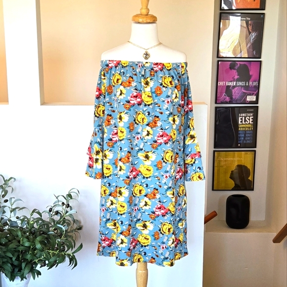 New Xhilaration Women’s Floral Print Off The Shoulder Bell Sleeve Boho Dress XXL - Picture 2 of 10